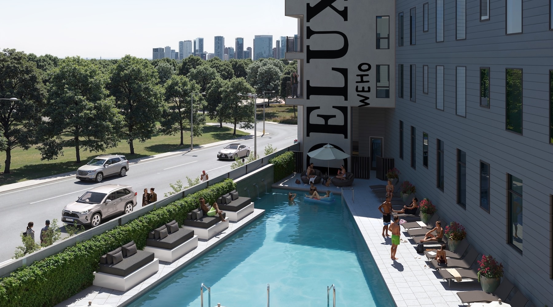 a swimming pool next to a building